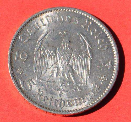 DEUTSCHES REICH 5 SILVER REICHSMARK 1934 A - Church & 2 Swastikas - Rare German 90% Ag Coin