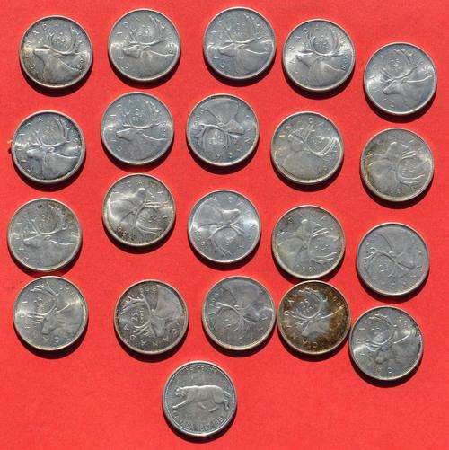 HUGE CANADA SILVER TREASURE - 21 Silver coins 25 Cents partly in UNC condition