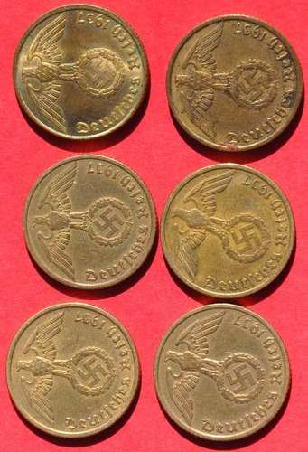 DEUTSCHES REICH  10 REICHSPFENNIG 1937 A, D, E, F, G, J - COMPLETE SET!!!  VERY RARE