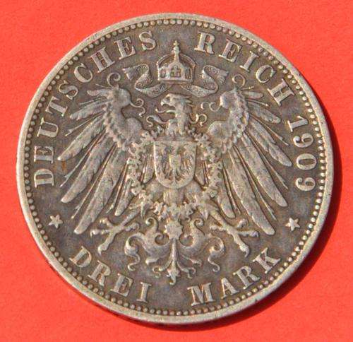 DEUTSCHES REICH 3 MARK 1909 A - (Prussia) IMPERIAL EMPIRE Rare German 90% Ag Silver Coin  UNC 45 EUR