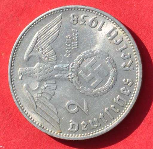 DEUTSCHES REICH - 2 SILVER REICHSMARK 1938 B  Vintage AU German 62.5% Ag Coin in excellent condition