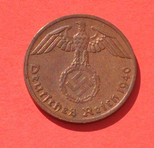 DEUTSCHES REICH 1 REICHSPFENNIG 1940 A  rare German 95% Copper Coin ORIGINAL THIRD REICH COLLECTIBLE