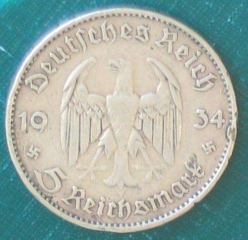 DEUTSCHES REICH - 5 REICHSMARK 1934 - REICHSADLER, SWASTIKA & GARNISONKIRCHE - NO RESERVE