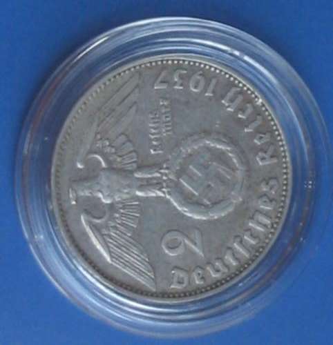 DEUTSCHES REICH - ENCAPSULATED 2 SILVER REICHSMARK 1937 E - REICHSADLER & SWASTIKA - TOP PIECE