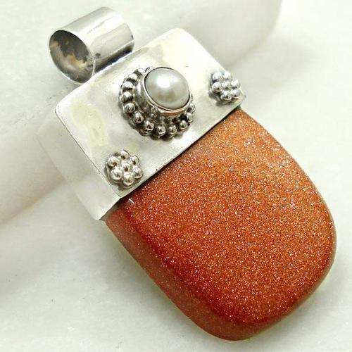 Unusual Goldstone -  Pearl - 925 St. Silver Pendant