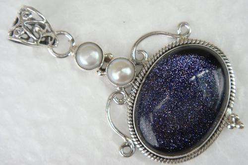 Blue Goldstone -  Pearl - 925 St. Silver Pendant