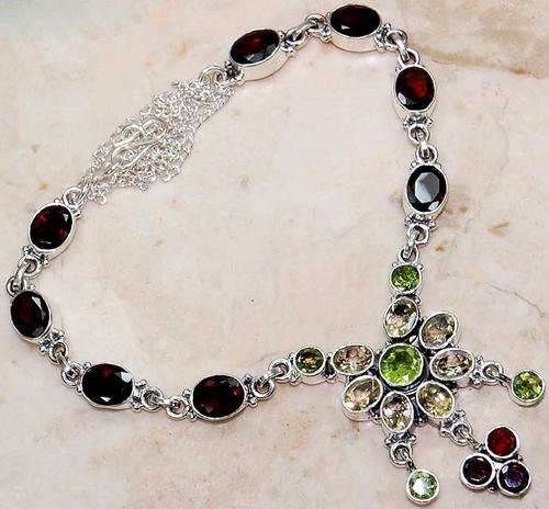 Citrine,Fire Garnet,Peridot & 925 Solid Sterling Silver Necklace