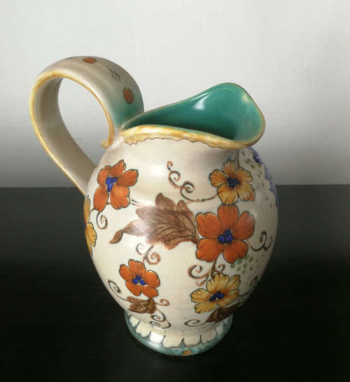 Vintage Hand Painted Gouda / Delft Polychrome Floral Pitcher