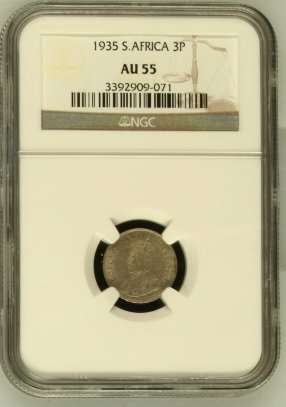 *** Difficult Date To Find *** 1935 Three Pence - NGC Graded AU55.