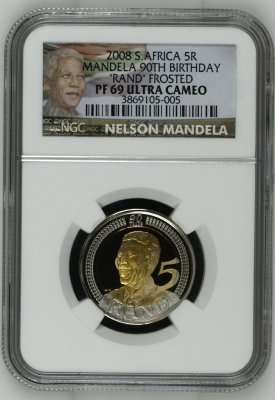 * FROSTED PROOF - NOT MIRRORED * Mandela 90th Birthday R5 - NGC PF69 Ultra Cameo - 1st One I've Seen