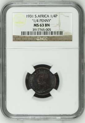 *** TOP CLASS UNC *** 1931 Zuid Farthing (1/4P) - NGC Graded MS63BN.