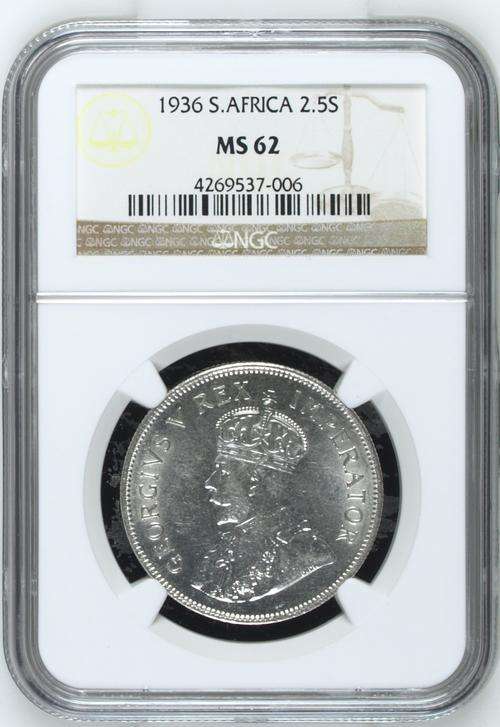 *** TOP CLASS UNC *** 1936 Halfcrown (2.5 Shillings) - NGC Graded MS62 - UNC Value = R20,000.00