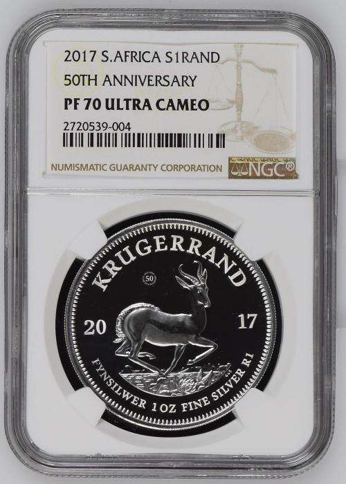PERFECT 2017 PROOF KRUGERRAND 1oz SILVER - NGC PF70 ULTRA CAMEO - 50th ANNIVERSARY - MINTAGE = 15000