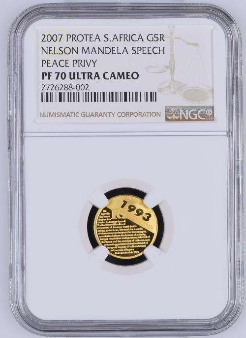 * THE ONE & ONLY * 2007 Protea 1/10 Ounce Gold Mandela Speech - Peace Dove Mint Mark * PF70 U/C *