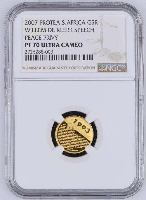 * THE ONE & ONLY * 2007 Protea 1/10 Ounce Gold De Klerk Speech - Peace Dove Mint Mark * PF70 U/C *