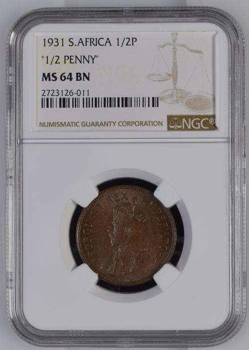 *** Brilliant UNC *** 1931 Half Penny (1/2 Penny) - NGC Graded MS64BN - Only 8 x Coins Graded Higher
