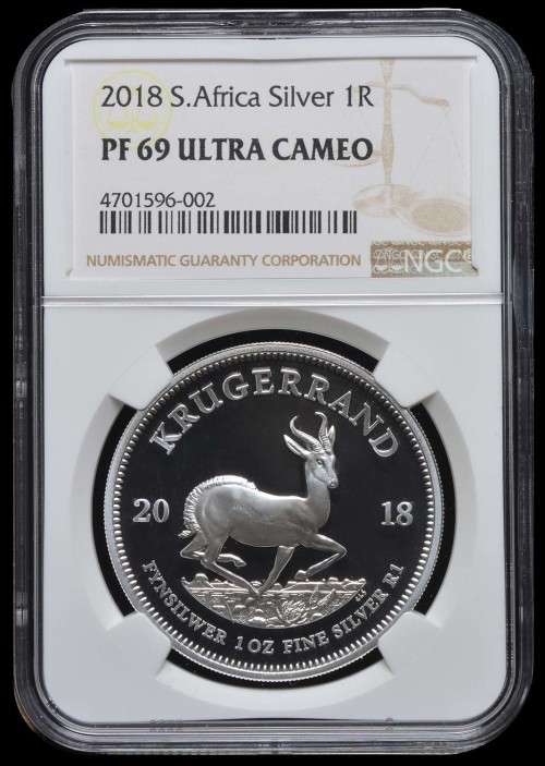 2018 PROOF KRUGERRAND 1oz SILVER - NGC PF69 ULTRA CAMEO - MINTAGE = 15000.
