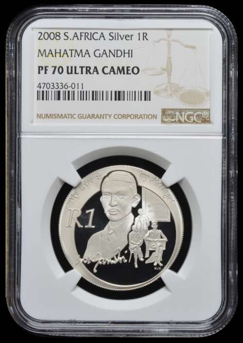 *** PERFECT *** 2008 Proof Protea Silver R1 Mahatma Gandhi - PF70 Ultra Cameo - Top Class Coin !!!