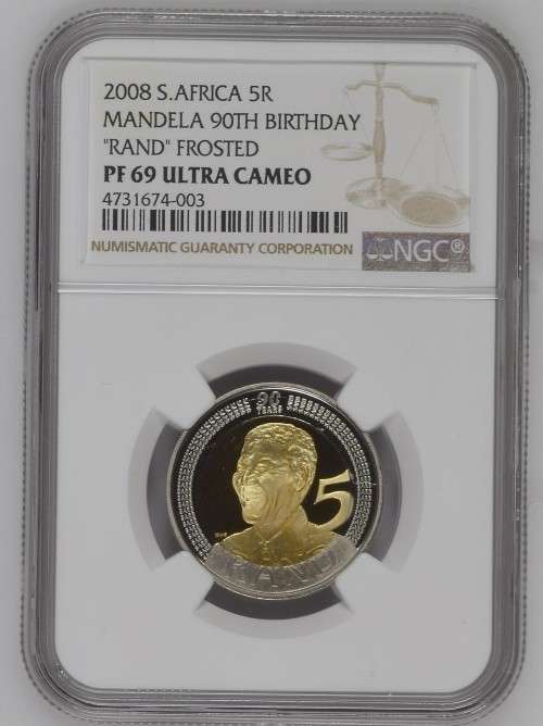 *** FROSTED PROOF *** 2008 Nelson Mandela 90th Birthday Proof R5 - NGC Graded PF69 Ultra Cameo.