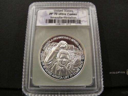 *** Perfect *** PF70 Ultra Cameo - Nelson Mandela USA 1oz Proof Silver  Medallion - Crazy R1 Start.