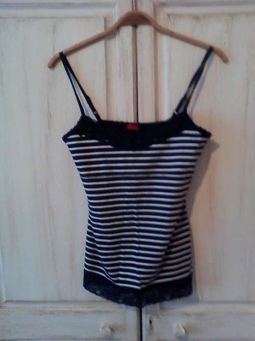 NAUTICAL INSPIRED NAVY AND WHITE STRIPED STRAPPY TOP (SIZE 12/36)