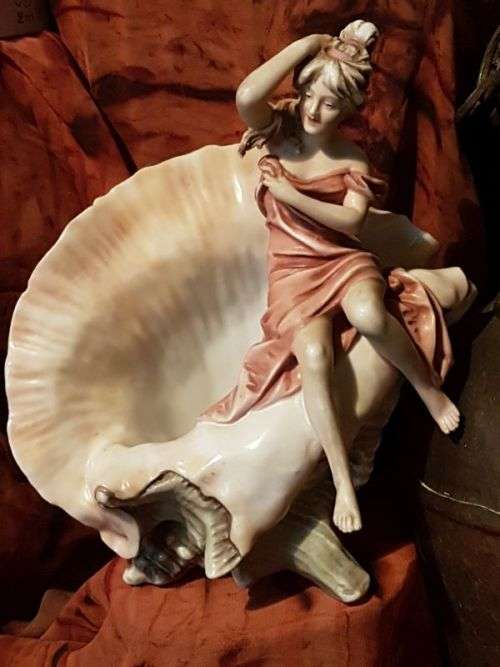 Antique Art Nouveau Royal Dux Porcelain Centerpiece / Spill Vase ~ Nymph Seated on a Shell ~ c1900