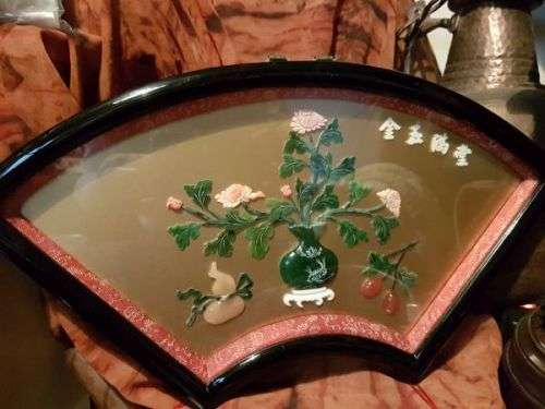 Vintage Chinese Art Wall Hanging Coral & Jade Floral Carving in Black Lacquer Shadow Box (#1)