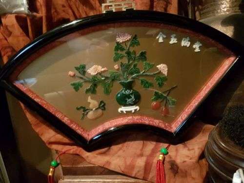 Vintage Chinese Art Wall Hanging Coral & Jade Floral Carving in Black Lacquer Shadow Box (#1)
