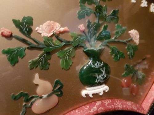 Vintage Chinese Art Wall Hanging Coral & Jade Floral Carving in Black Lacquer Shadow Box (#1)
