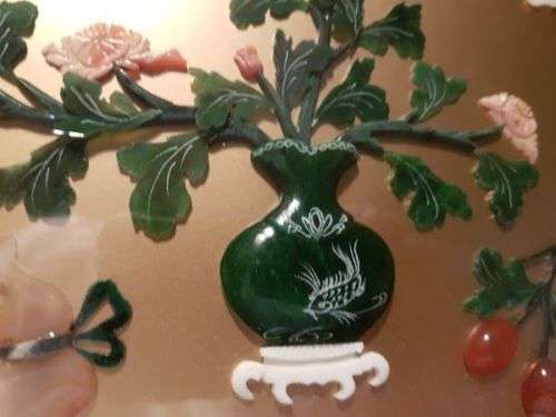 Vintage Chinese Art Wall Hanging Coral & Jade Floral Carving in Black Lacquer Shadow Box (#1)