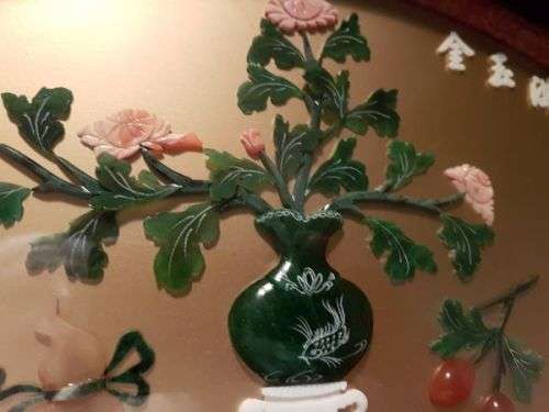 Vintage Chinese Art Wall Hanging Coral & Jade Floral Carving in Black Lacquer Shadow Box (#1)