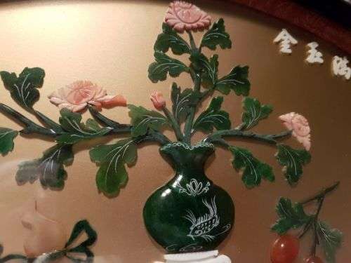 Vintage Chinese Art Wall Hanging Coral & Jade Floral Carving in Black Lacquer Shadow Box (#1)