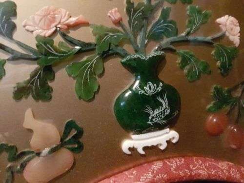 Vintage Chinese Art Wall Hanging Coral & Jade Floral Carving in Black Lacquer Shadow Box (#1)