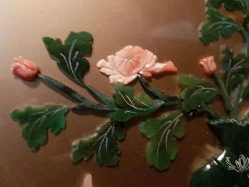 Vintage Chinese Art Wall Hanging Coral & Jade Floral Carving in Black Lacquer Shadow Box (#1)