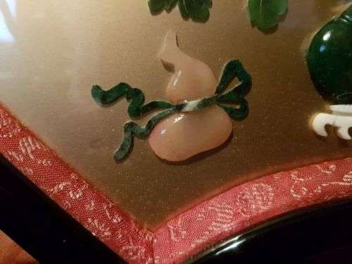 Vintage Chinese Art Wall Hanging Coral & Jade Floral Carving in Black Lacquer Shadow Box (#1)