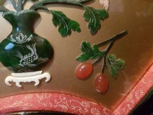 Vintage Chinese Art Wall Hanging Coral & Jade Floral Carving in Black Lacquer Shadow Box (#1)