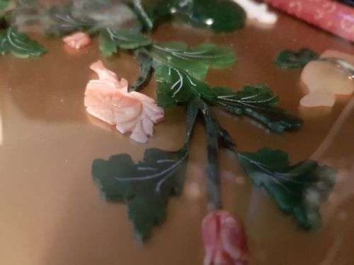 Vintage Chinese Art Wall Hanging Coral & Jade Floral Carving in Black Lacquer Shadow Box (#1)