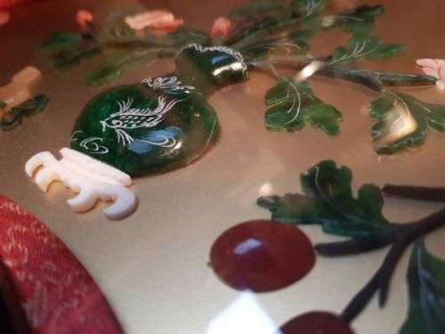 Vintage Chinese Art Wall Hanging Coral & Jade Floral Carving in Black Lacquer Shadow Box (#1)