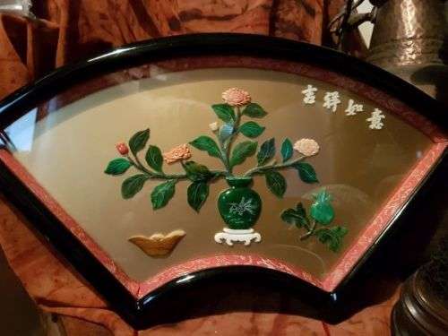 Vintage Chinese Art Wall Hanging Coral & Jade Floral Carving in Black Lacquer Shadow Box (#2)