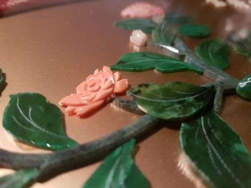 Vintage Chinese Art Wall Hanging Coral & Jade Floral Carving in Black Lacquer Shadow Box (#2)