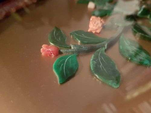 Vintage Chinese Art Wall Hanging Coral & Jade Floral Carving in Black Lacquer Shadow Box (#2)