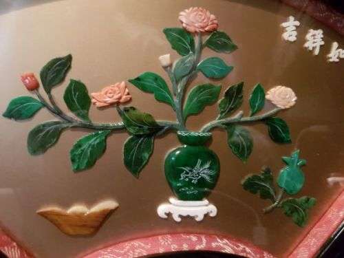 Vintage Chinese Art Wall Hanging Coral & Jade Floral Carving in Black Lacquer Shadow Box (#2)