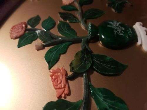 Vintage Chinese Art Wall Hanging Coral & Jade Floral Carving in Black Lacquer Shadow Box (#2)