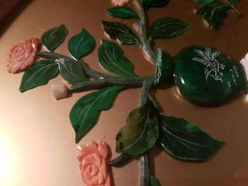 Vintage Chinese Art Wall Hanging Coral & Jade Floral Carving in Black Lacquer Shadow Box (#2)