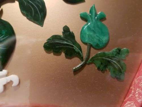 Vintage Chinese Art Wall Hanging Coral & Jade Floral Carving in Black Lacquer Shadow Box (#2)