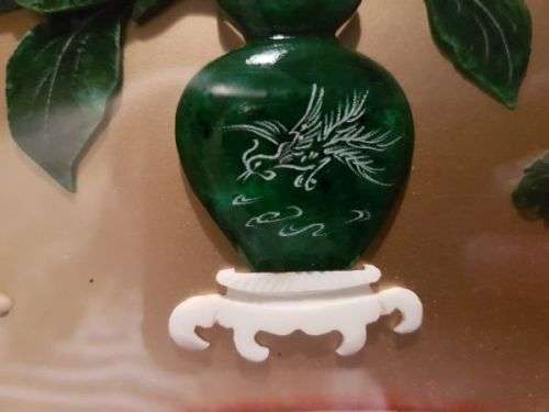 Vintage Chinese Art Wall Hanging Coral & Jade Floral Carving in Black Lacquer Shadow Box (#2)