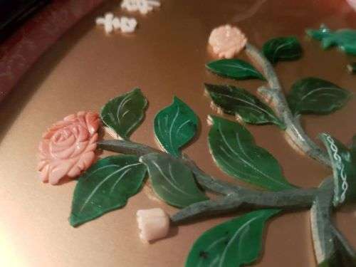 Vintage Chinese Art Wall Hanging Coral & Jade Floral Carving in Black Lacquer Shadow Box (#2)