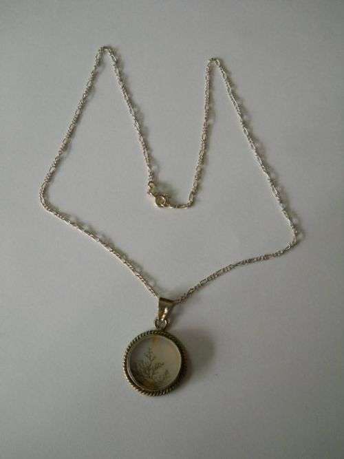 Unusual Silver Bezel-set Dendritic Agate Pendant on a 925 Silver Chain