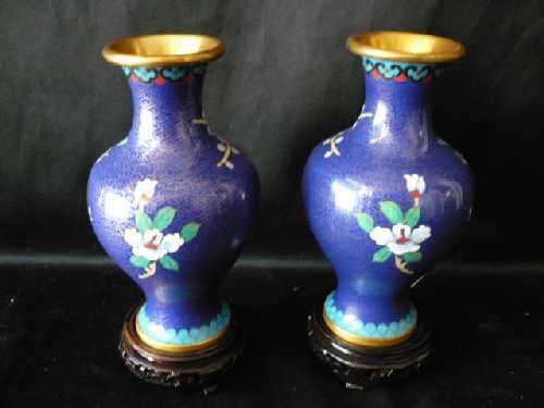 Impressive Pair of Jingtai Blue Cloisonne Vases on Original Wood Bases