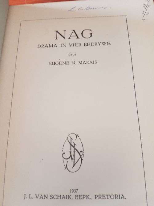 1937 First Edtion:  Nag. 'n Drama in Vier Bedrywe by Eugene Marais (published posthumously)